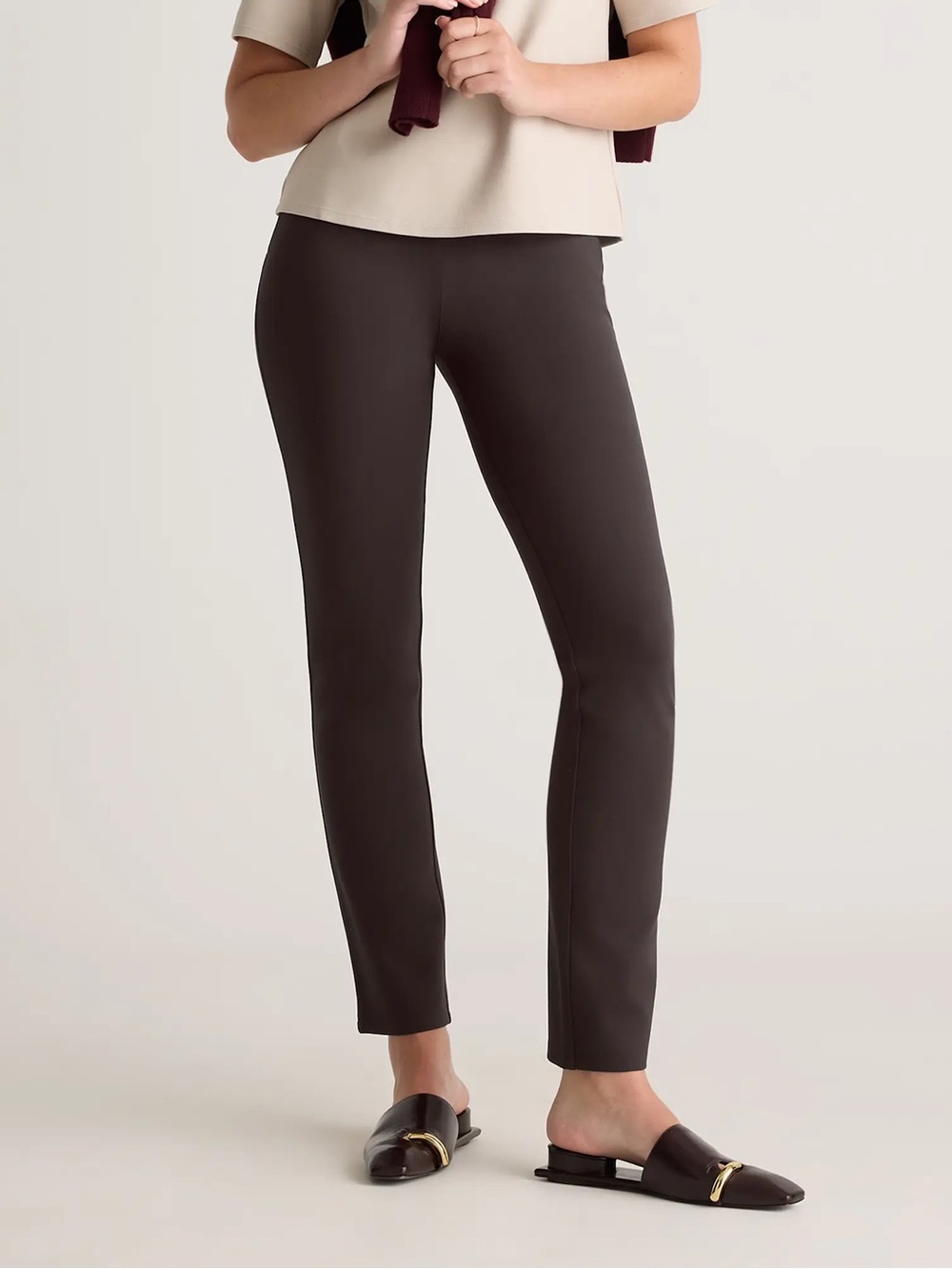 NEW Quince Women's ultra stretch ponte straight leg Slim Pants Brown espresso s